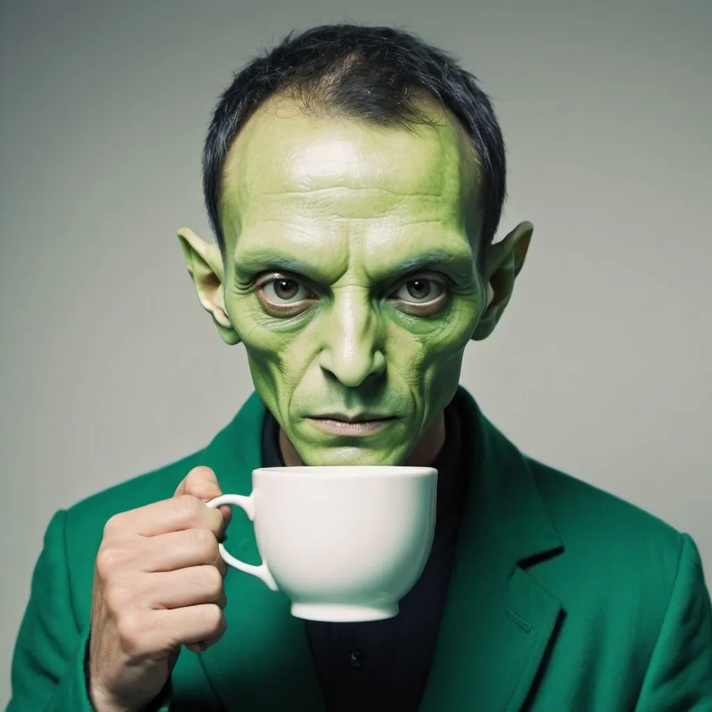 Prompt: A face of a man , half alien green and halve human, drinking a cup of tea 