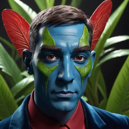 Prompt: Realistic face half man half Grasshopper, wearing costume blue velvet. Dark red, shady , smoky environment spotlight on the man. Green tropical plants In the back.