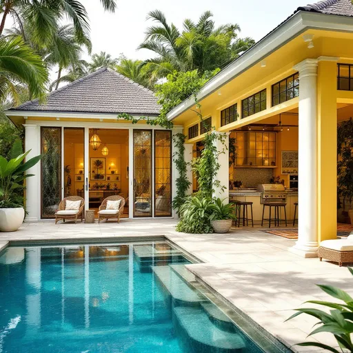 Prompt: A yellow guest house beside a pool that matches the main house. The main house has large white pillars and is filled with stained glass tall wide doors from top to bottom. The foliage is lush tropical. The guest house has an undercover area with a BBQ and kitchen, and is surrounded by tropical vines going up a large trellis. 
