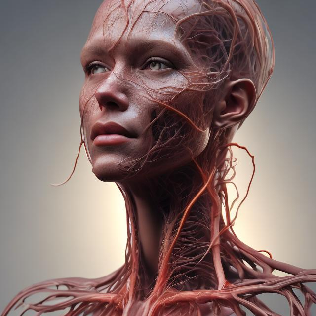 Prompt: realistic digital figure of a human head, high quality, with detail on human arteries, fine art digital painting, warm and natural skin tones, dramatic lighting, , fine art, striking gaze, warm tones