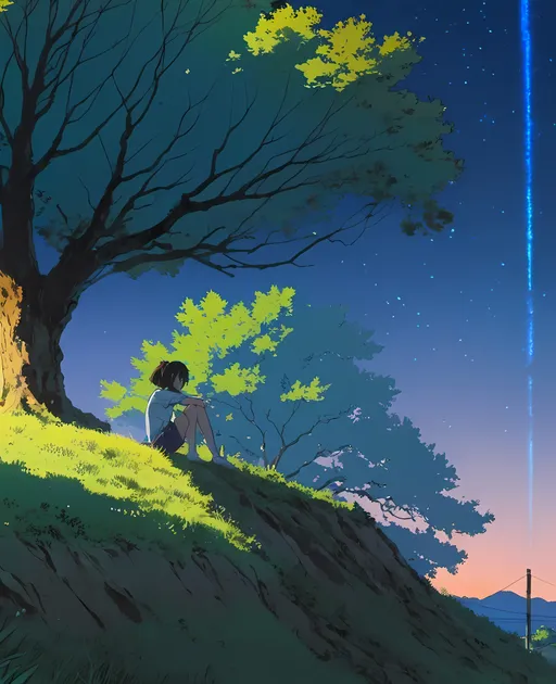 Prompt: Aesthetically pleasing 2d image, girl sitting beside a tree watching the blues sky, anime scene