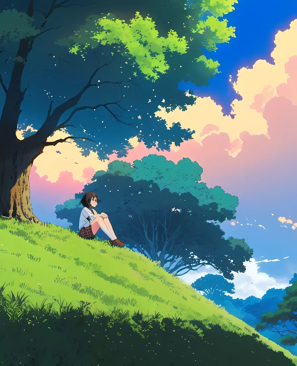 Prompt: Aesthetically pleasing 2d image, girl sitting beside a tree watching the blues sky, anime scene