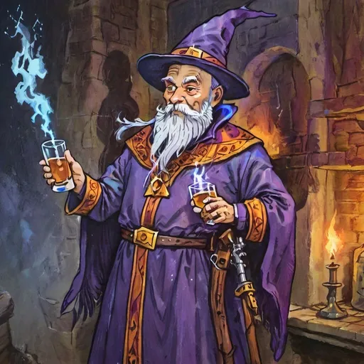 Prompt: Wizard with ak47 drinking vodka, digital painting, magical aura, intense and vibrant colors, detailed robes and beard, mystical atmosphere, high res, semi-realism, vibrant colors, magical glow