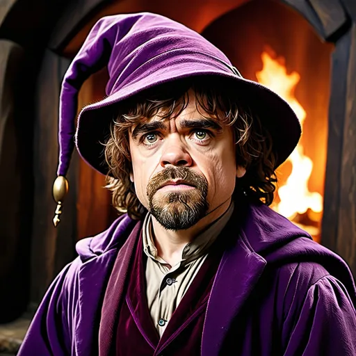 Prompt: Peter dinklage a hobbit wizard with purple robes and hat