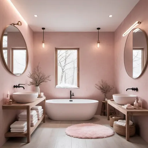 Prompt: luxury minimalist bathroom, light pink color scheme, rustic, winter theme, boho chic style, high quality, winter aesthetic, white tones, minimalistic design, cozy atmosphere, soft lighting, elegant touches, wooden accents, spacious layout, high-end fixtures, luxury, serene ambiance