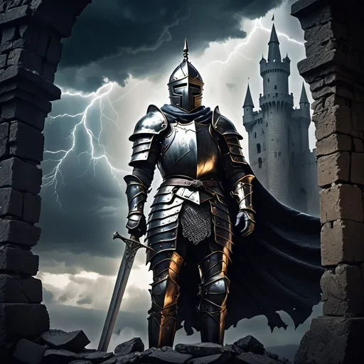 Prompt: "A valiant knight, clad in dark, ornate armor, stands at the edge of a crumbling castle wall in a dark fantasy realm. The sky above is stormy, filled with swirling clouds and flashes of lightning, casting a dramatic light on the scene. In the knight's hand is a gleaming sword, its blade etched with ancient runes, reflecting the flickering torches that line the battlements. Below, an army of shadowy figures rises from the mist, advancing toward the castle. The knight stares defiantly into the darkness, ready to defend the fortress, as autumn leaves swirl around him, carried by an ominous wind."