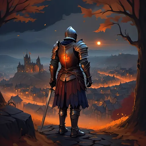 Prompt: "A knight in dark, weathered armor stands on a desolate hill, overlooking a shadowy kingdom at dusk in a dark fantasy world. The sky is painted in ominous shades of burnt orange and deep indigo, while twisted autumn leaves in crimson and gold fall around him like whispers of lost souls. Below, flickering lanterns struggle to illuminate the cobbled streets of grim villages, shrouded in tension and fear. A distant rumble of thunder echoes from foreboding mountains, hinting at lurking dangers. The knight’s hand rests on the hilt of his sword, ready for battle against the encroaching darkness as he prepares to protect the realm amidst the swirling, enchanted leaves."