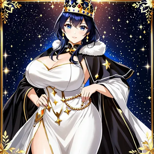 Prompt: "Anime Girl, Stunning women of queen, Saint Robe, Dark Blue hair, Royal crown, Starry background"