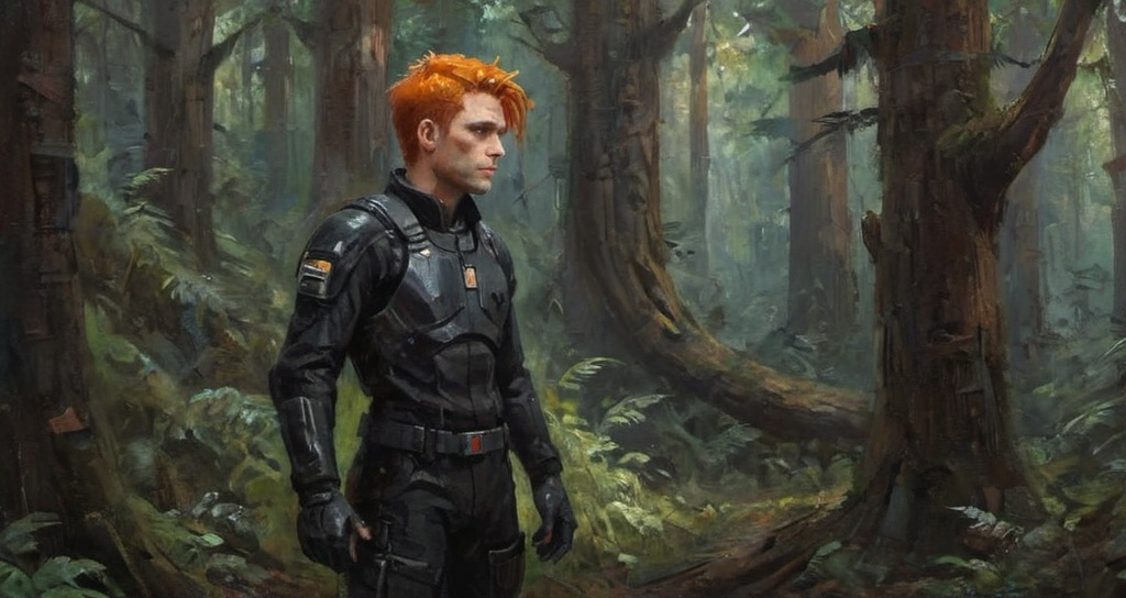 Prompt: A 29 year old male Sci Fi  pilot with bright orange hair is stands in a dense forest, wearing a black outfit, with his hand resting on a tree trunk. He looks around then runs off screen to his left behind a tree 