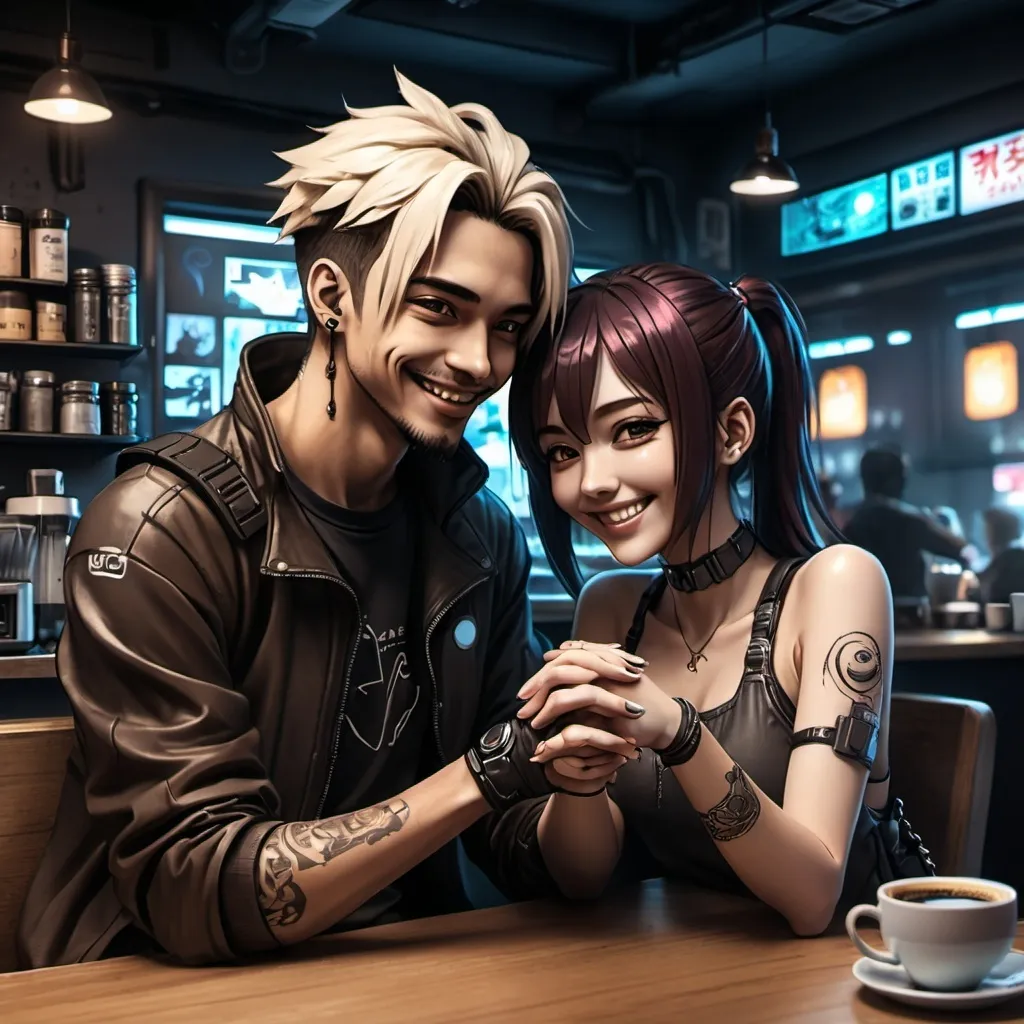 Prompt: Anime cyberpunk style, man and women in a coffee shop, both are smiling and holding each other's hands highly detailed, HD, dark background