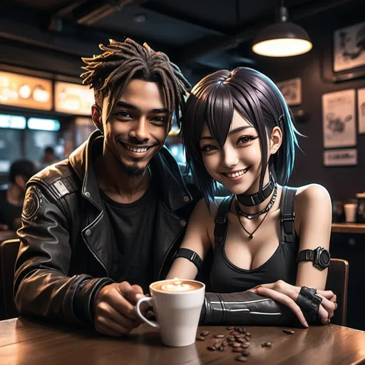 Prompt: Anime cyberpunk style, man and women in a coffee shop, both are smiling and holding each other's hands highly detailed, HD, dark background
