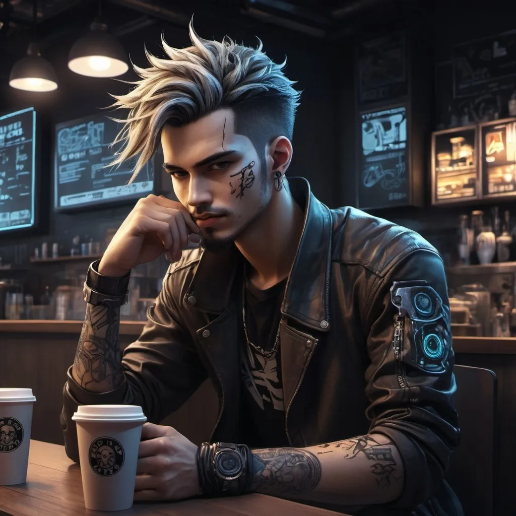 Prompt: Anime cyberpunk style, man in coffee shop, highly detailed, HD, dark background