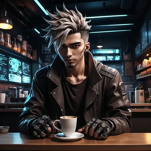 Prompt: Anime cyberpunk style, man in coffee shop, highly detailed, HD, dark background