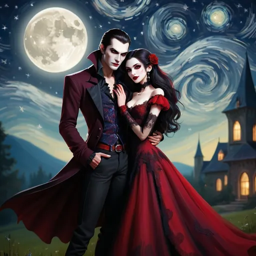 Prompt: Creat In a starry night a most stylish good-looking vampire couple image,