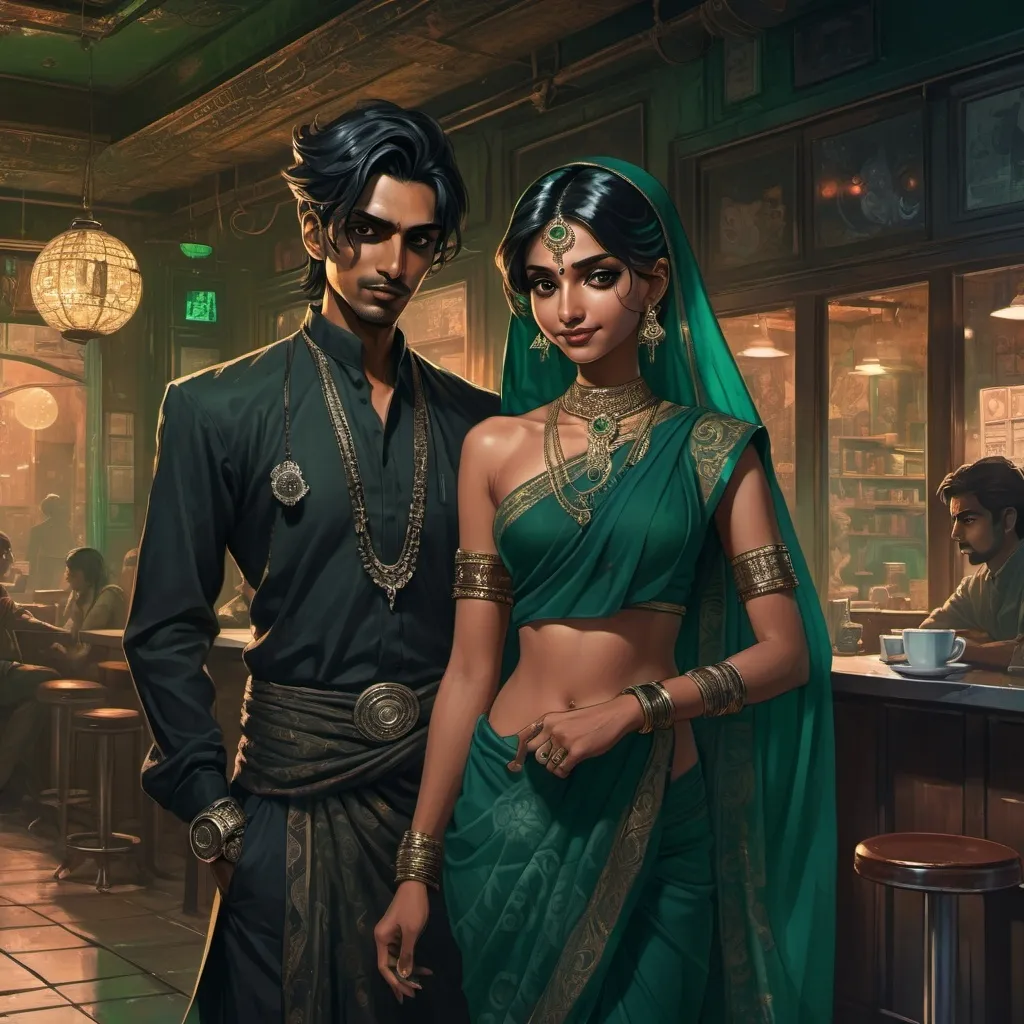 Prompt: Anime cyberpunk style, man in coffee shop, highly detailed, HD, dark background"In the moonlit shadows of the crumbling mansion, an Indian couple stands, a tableau of mystery and allure. She in an emerald green sari, its fabric like darkened jade, with an enigmatic smile and kohl-rimmed eyes. Beside her, he wears a fitted black shirt adorned with intricate patterns, his intense gaze hinting at otherworldly realms. Their presence weaves an ethereal tapestry into the night."