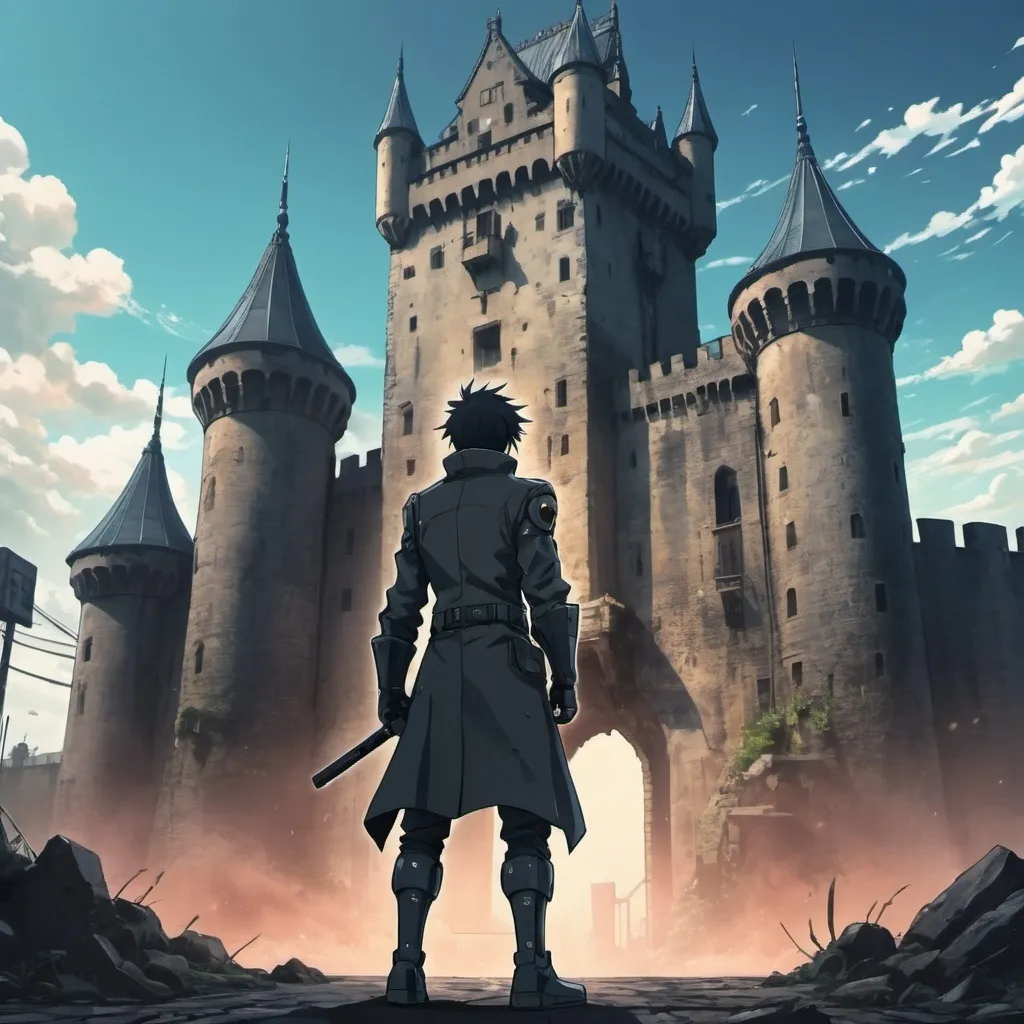 Prompt: Anime cyburpunk style,a man stands up towards a old castle,he is shwoing to viewers from backside 

