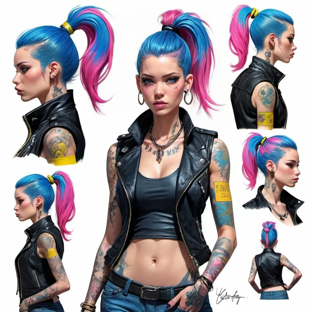 Prompt: Character design sheet woman blue-pink ponytail black leather vest with yellow accents,tattoos