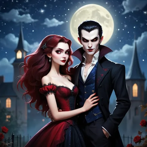 Prompt: Creat In a starry night a most stylish good-looking vampire couple image,