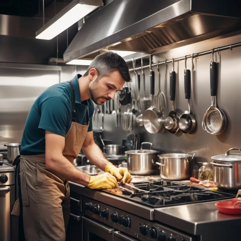 Prompt: a worker repair kitchen equipments inside the restaurant kitchen