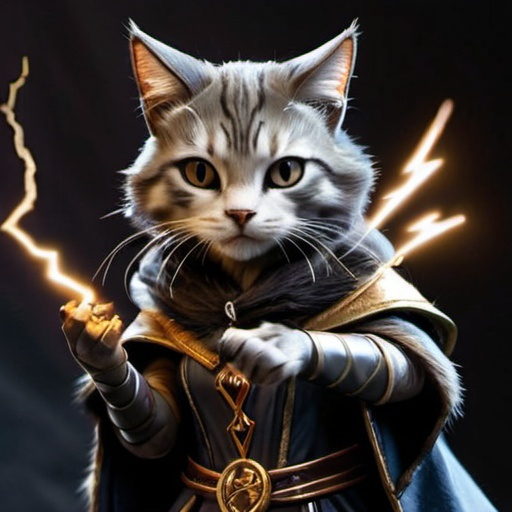 Prompt: khajit female sorcerer with deep dark grey fur and bronze markings, holding a lightning bolt, medieval style