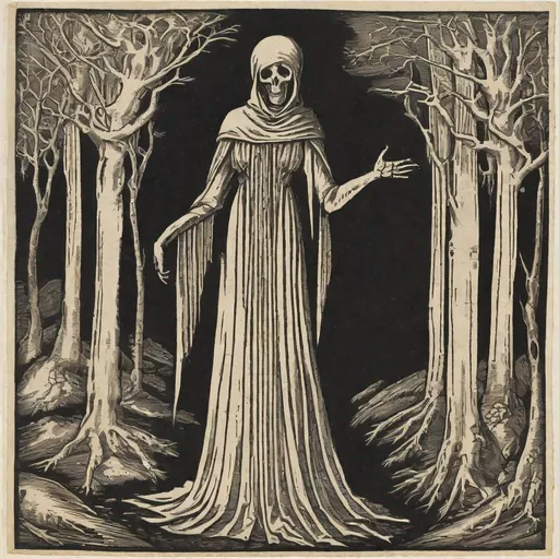 Prompt: A medieval woodcut of a tall faceless woman who is a god of death