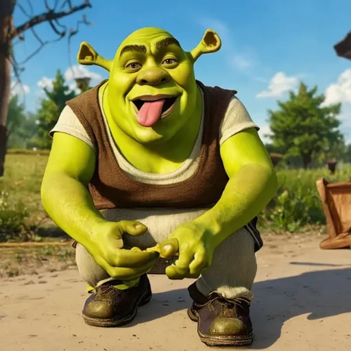 Prompt: shrek licking his foot