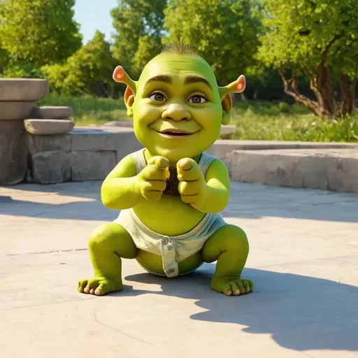 Prompt: Baby shrek showing his foot