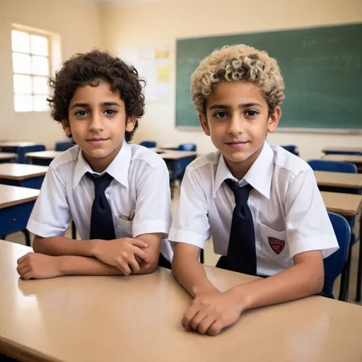 Prompt: I want you to generate an image of two boys sitting next to each other in a classroom. The boys are nine years old. They are from Bahrain. They are sitting in a public school classroom in Bahrain. They are wearing a school uniform. The uniforms should have no school logos. The boys need to look different (one with light skin and light soft hair and one with dark skin and short curly hair.
