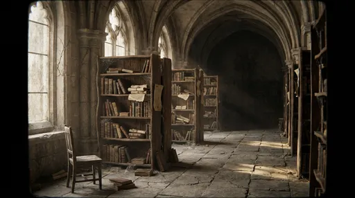 Prompt: Ultra-photorealistic cinematic film still, captured with a real physical camera.

An enormous, centuries-old gothic library corridor fading into deep darkness, lined with towering floor-to-ceiling shelves filled with ancient leather-bound books and rolled parchment scrolls. The space feels real, aged, imperfect, organically worn, slightly decayed by time.

Architecture resembles a gothic cathedral but realistically asymmetrical: uneven stone arches, chipped edges, cracks, worn stone floor polished irregularly by centuries of footsteps, subtle structural imperfections everywhere.

Natural imperfect lighting: soft golden sunlight enters at an angle through tall, dirty gothic windows with stained, grimy glass, partially blocked and diffused. Light rays are broken, uneven and subtle, never dramatic. Sparse dust particles drift naturally in the air.

Atmosphere is silent, heavy, abandoned. Irregular cobwebs between shelves, warped wood, leaning books, small disorder.

Shot on a real full-frame cinema camera (ARRI Alexa / Kodak 35mm film look), 35mm lens, shallow depth of field, slight lens distortion on edges, natural film grain, imperfect focus falloff, minor motion blur in dust.

Muted realistic color grading, warm highlights, deep natural shadows, slightly underexposed midtones. Wide-angle landscape frame, strong leading lines, camera at human eye level. Live-action historical film frame, not CGI, not digital art, not video game