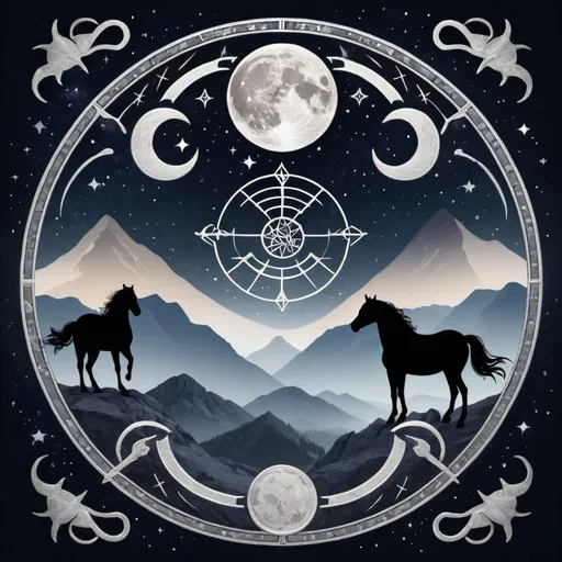 Prompt: The triple moon Pegan symbol with libra constellation in the left moon and Scorpio constellation in the right moon. The center moon have a nighttime mountain scene with horses.