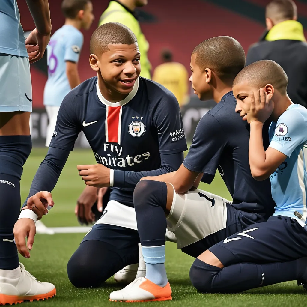 Prompt: Un jeune joueur de Manchester city discute avec mbappe 
Sur le terrain de football 
