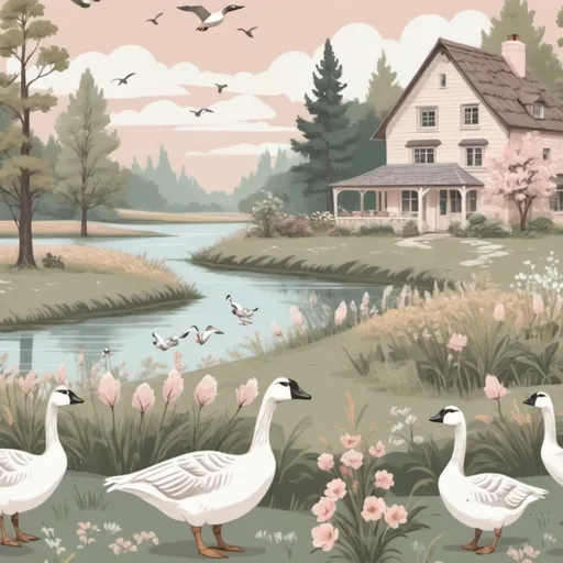 Prompt: (cottage core aesthetic), seamless pattern, (geese walking), soft pastel colors, serene a rural landscape vibe, whimsical elements, intricate floral details, (nature-inspired), light and airy ambiance, high detail, (4K quality), warmth, and charm intertwined, creating a cozy, idyllic atmosphere in the design.