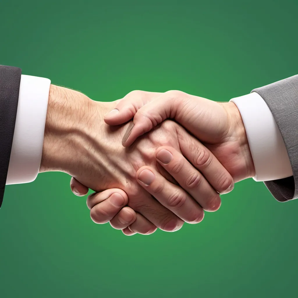 Prompt: Create an animated 3D clip of drawn hands shaking hands with a green background