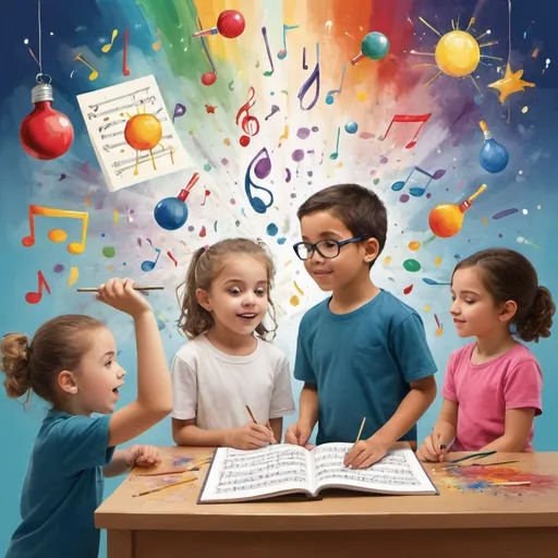 Prompt: “Design an inspiring and dynamic cover image for a children’s book titled ‘Talented Kids Secrets’. Visualize a montage of talented children engaged in various activities that showcase their unique skills and passions. This could include a young musician playing an instrument, an artist painting a canvas, a dancer performing, and a scientist conducting an experiment. Each child should be depicted in a moment of discovery or achievement, with expressions of joy and concentration. The background could feature elements that represent creativity and imagination, such as light bulbs, paint splatters, musical notes, or stars. The title ‘Talented Kids Secrets’ should be integrated into the design in an imaginative way, perhaps with each word taking on characteristics of the talents displayed (e.g., ‘Talented’ written in musical notes, ‘Kids’ in colorful paint strokes, ‘Secrets’ in mysterious script). The color scheme should be vibrant and engaging, drawing the viewer’s eye across the various talents being represented. The overall impression should be one of celebration of the diverse talents that children possess.”