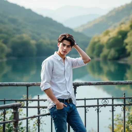 Prompt: A young man leans casually against a rustic iron railing, his hand resting on the back of his head, exuding a relaxed and contemplative demeanor. He is dressed in a crisp white shirt and blue jeans, standing against the backdrop of a serene lake that mirrors the gentle hues of the surrounding hills. The time seems to be midday, with soft, diffused light creating a tranquil atmosphere that enhances the lush greenery enveloping the water's edge. The scene captures a moment of quiet reflection amidst nature, evoking a sense of peace and connection with the environment. The distance between the man and the calm water suggests a narrative of freedom and contemplation, inviting viewers to pause and enjoy the beauty around them. Create the same image but in Ghibli art image 