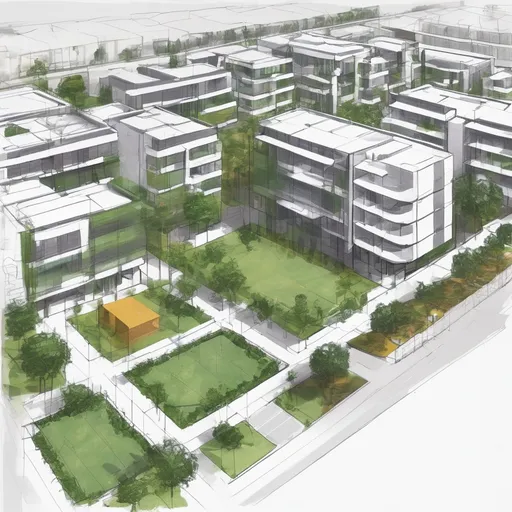 Prompt: architectural sketches, make a sketch that tell about, me using green buffer which is around site context our site in square shape and residential and commercial complex in front of our site