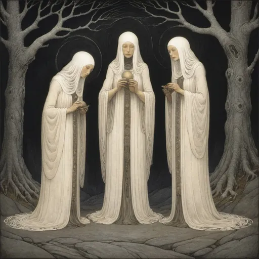 Prompt: A detailed abstract painting by Swedish painter John Bauer and Theodor kittelsen on the three norns, spinning the fates of mankind. 