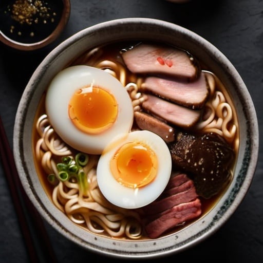 Prompt: Premium flat lay photo of ramen, dark lighting, realistic egg, realistic meat, high quality, detailed, flat lay, food photography, moody, dark tones, atmospheric lighting