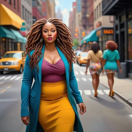 Prompt: Vibrant, realistic oil painting of a confident, curvy African American woman, mid-40s, radiant brown skin, long luscious locs, stylishly strutting through a bustling city, bright and bold color palette, detailed urban setting, high quality, realistic, vibrant colors, confident walk, city street, colorful attire, detailed hair, professional lighting walking with a tall handsome black chubby man with a full beard holding hands