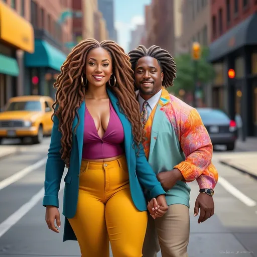 Prompt: Vibrant, realistic oil painting of a confident, curvy African American man and woman, mid-40s, radiant brown skin, long luscious locs, stylishly strutting through a bustling city, bright and bold color palette, detailed urban setting, high quality, realistic, bright colors, confident walk, city street, bright colorful attire, detailed hair, professional lighting holding hands while walking with a tall black handsome chubby strong black man wearing jeans a colorful bright shirt and a dinner jacket with matching shoes 