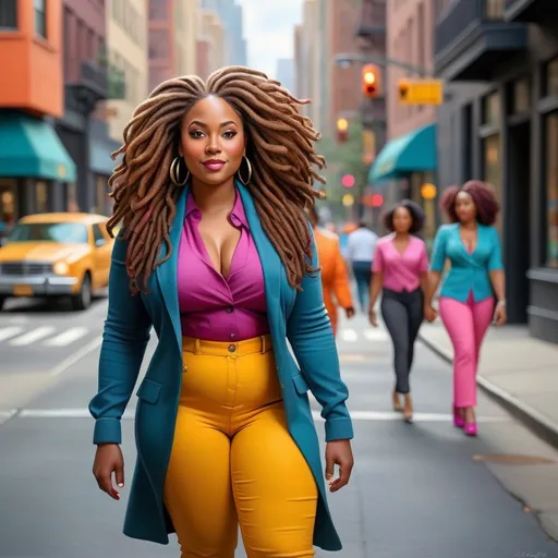 Prompt: Vibrant, realistic oil painting of a confident, curvy African American woman, mid-40s, radiant brown skin, long luscious locs, stylishly strutting through a bustling city, bright and bold color palette, detailed urban setting, high quality, realistic, bright colors, confident walk, city street, bright colorful attire, detailed hair, professional lighting holding hands while walking with a tall black handsome chubby strong black man wearing jeans a colorful bright shirt and a dinner jacket with matching shoes 