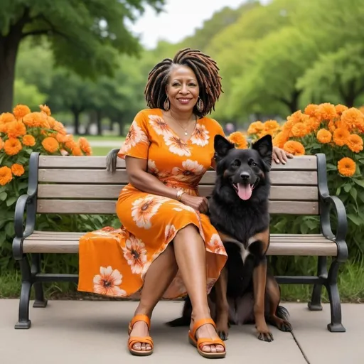 Prompt: Beautiful black middle aged woman sitting on a park bench in a scenic park with summer color flowers wearing a orange flower dress and orange sandals with her leg crossed with short dread locs and a pomeranion dog by her foot