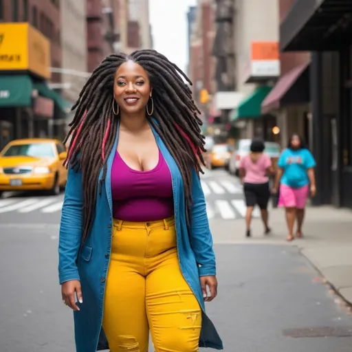 Prompt: middle age tall curvy black woman walking in the streets of new york wearing bright colors and a head full of beautiful long locs