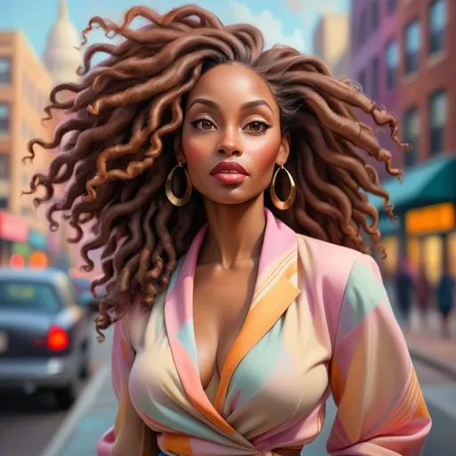 Prompt: Dreamy pastel portrait,atmosphere, soft focus,Vibrant, realistic oil painting of a confident, curvy African American woman, mid-40s, radiant brown skin, long luscious locs, stylishly strutting through a bustling city, bright and bold color palette, detailed urban setting, high quality, realistic, vibrant colors, confident walk, city street, colorful attire, detailed hair, professional lighting
