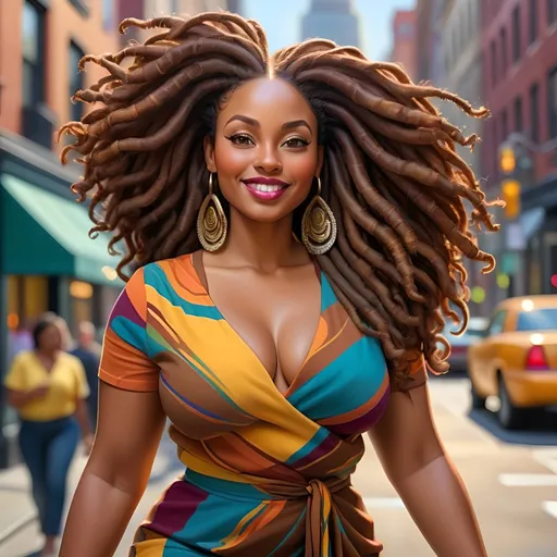 Prompt: Vibrant, realistic oil painting of a confident, curvy African American woman, mid-40s, radiant brown skin, long luscious locs, stylishly strutting through a bustling city, bright and bold color palette, detailed urban setting, high quality, realistic, vibrant colors, confident walk, city street, colorful attire, detailed hair, professional lighting