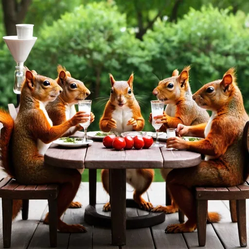 Prompt: 6 squirrels - 3 man 3 woman - drinking Turkish rakı at a table. You can add Turkish cliches-features to the squirrels. Add mezes/appetizers and rakı glasses to the table. 