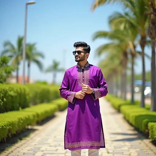 Prompt: Standing confidently in a vibrant purple kurta adorned with intricate detailing, a young man enjoys the sunny outdoors, complemented by stylish sunglasses that add to his cool demeanor. The scene unfolds in a lush, green environment dotted with tall palm trees and a clear blue sky above, suggesting a warm day. He poses playfully with one hand resting on his hip while the other gently holds the kurta, showcasing a relaxed and joyful attitude. The ground is paved with patterned stones, and the background hints at a serene landscape, emphasizing a lighthearted and cheerful mood. Bright natural light enhances the soft colors of his attire and the rich greenery around, creating an inviting atmosphere.