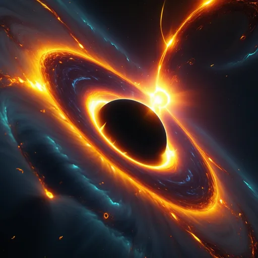 Prompt: (black hole), cosmic phenomenon, intense gravitational pull, explosion, (fiery sun), vibrant solar flares, deep space surroundings, swirling galaxies, dramatic color contrast, rich blacks and luminous yellows, high-energy particles, ethereal light, (cinematic scene), captivating and awe-inspiring, 4K ultra-detailed quality, immersive atmosphere of tension and beauty.