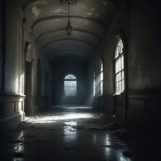 Prompt: (dead people in a hall), (atmospheric), eerie ambiance, shadows cast by dim lighting, haunting presence, ethereal glow, intricate architecture featuring cobwebs, abandoned hallways, worn-out decor, deep shadows, cool tones conveying chilling atmosphere, ultra-detailed, high quality, dramatic scene, cinematic composition.