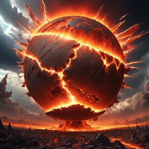 Prompt: (deth ray exploding earth), a cataclysmic scene, chaos unfolds with intense energy beams, vibrant colors of fiery red and molten orange, a shattered globe cracked under immense pressure, brilliant flashes of light illuminating the surroundings, stormy skies above, conveying a sense of impending doom and destruction, highly detailed, ultra-detailed, 4K resolution.